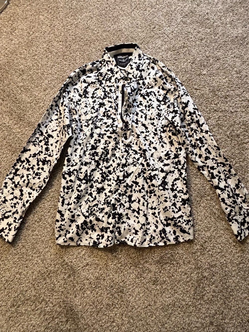 Barabas Men Size Large Cow Print Black White Button Down Long Sleeve L